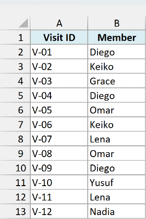 Gym check-in log with visit IDs and member names in A1:B13