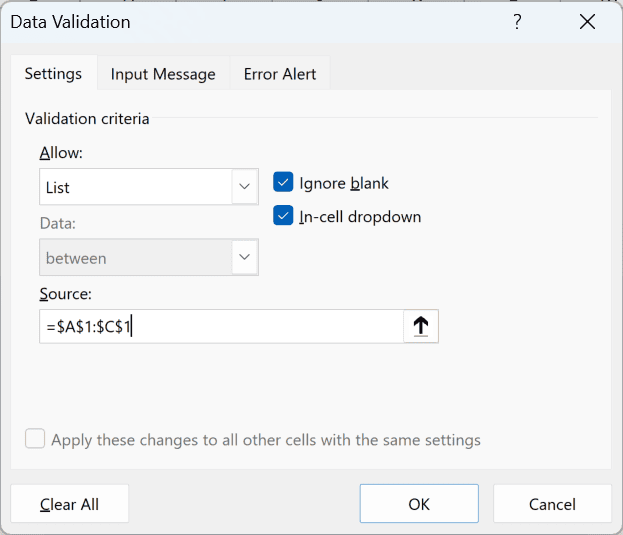 Data Validation dialog box with =$A$1:$C$1 entered as the list source