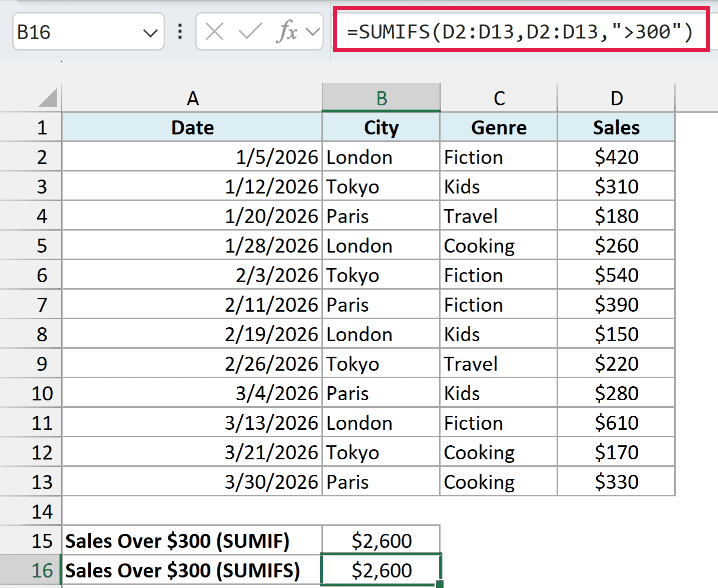 SUMIFS repeating the sales range to add sales over $300
