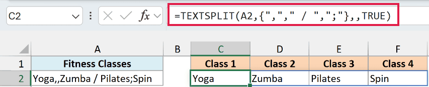 TEXTSPLIT with an array of delimiters returning Yoga, Zumba, Pilates, Spin