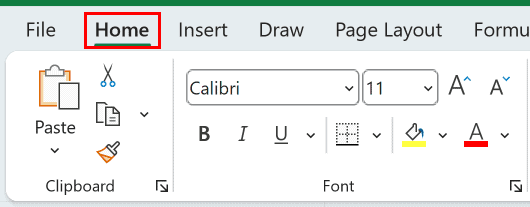 Home tab selected in the Excel ribbon