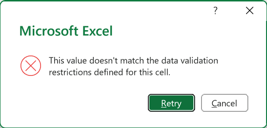 Error alert shown when a value other than Yes or No is entered
