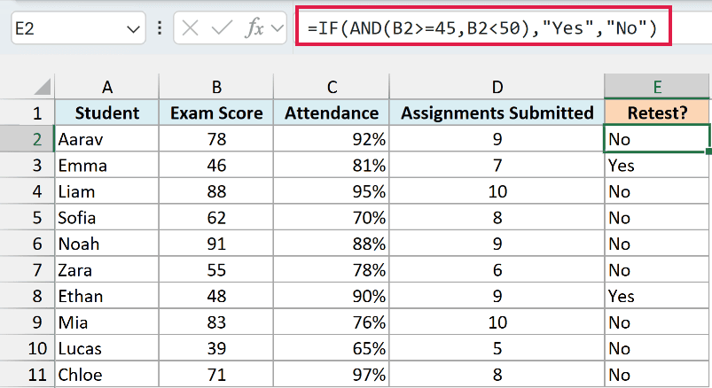 IF with AND formula flagging scores from 45 to 49 for a retest