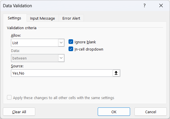 Data Validation dialog box with Yes,No typed in the Source field