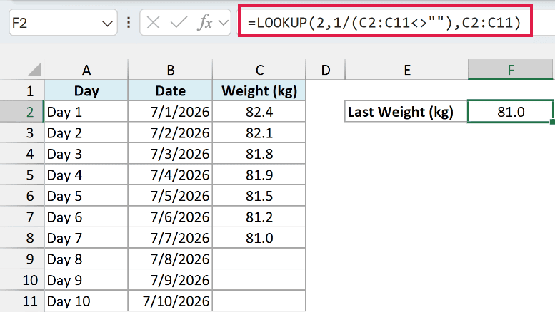 LOOKUP formula returning the last recorded weight of 81.0
