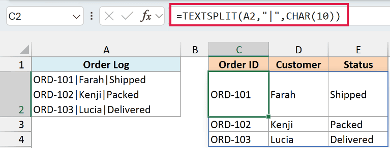 TEXTSPLIT with CHAR(10) as the row delimiter turning the order log into a table