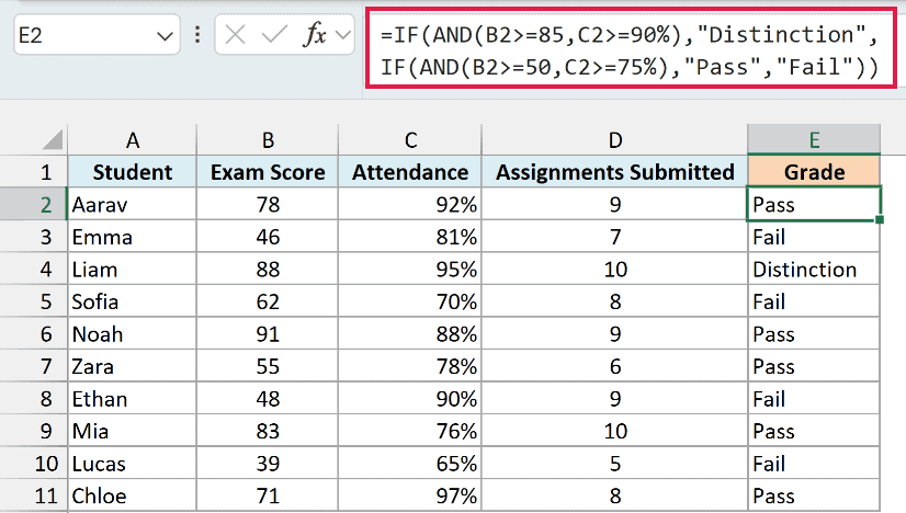 Nested IF with AND formula returning Distinction, Pass, or Fail
