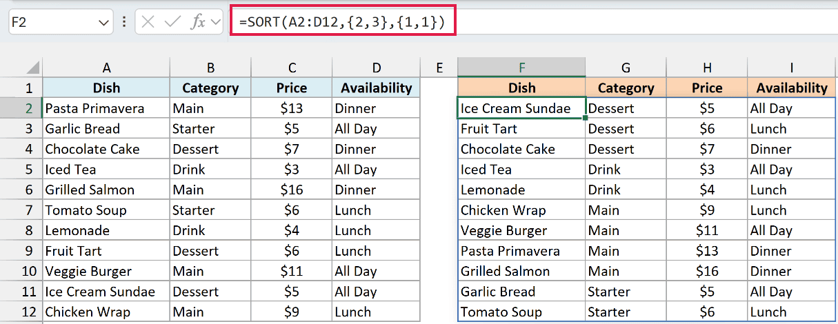 SORT formula in F2 sorting the menu by category and then by price