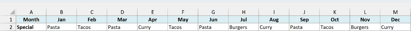 Monthly special dishes laid out across row 2 from January to December