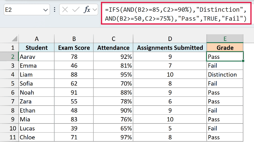 IFS formula with AND conditions returning Distinction, Pass, or Fail