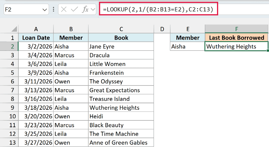 LOOKUP formula returning Wuthering Heights as the last book Aisha borrowed