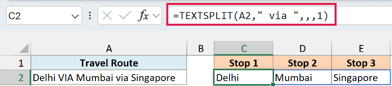 TEXTSPLIT with match_mode 1 splitting on both VIA and via