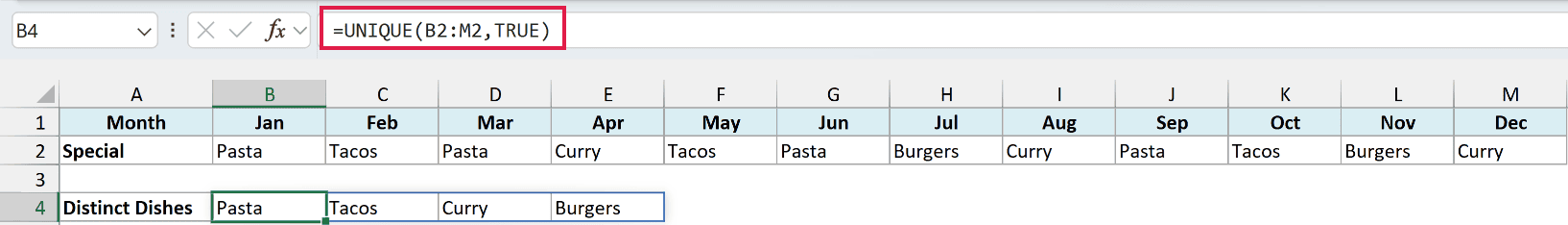 UNIQUE formula with by_col set to TRUE in B4 spilling the distinct dishes to the right