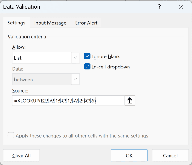 Data Validation dialog box with the XLOOKUP formula entered as the list source