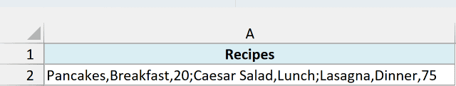 Three recipe records in A2, with the middle one missing its prep time