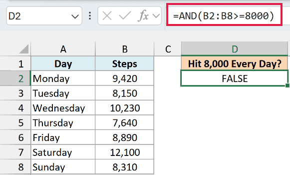 AND formula checking whether every day in B2:B8 has at least 8,000 steps, returning FALSE