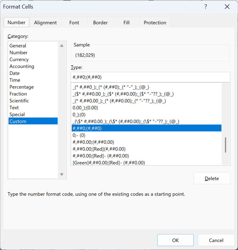 Custom category in Format Cells with the #,##0;(#,##0) format code in the Type field