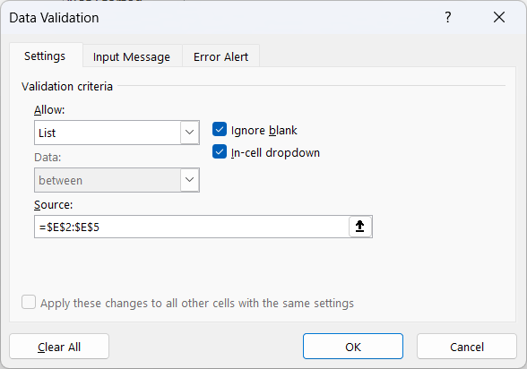 Data Validation dialog box with the Table cells =$E$2:$E$5 as the list source