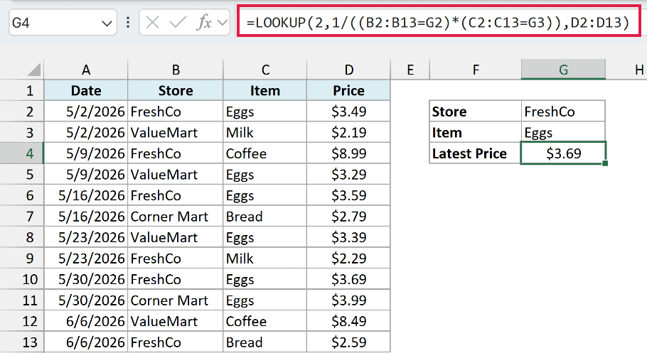 LOOKUP formula returning $3.69 as the latest FreshCo eggs price