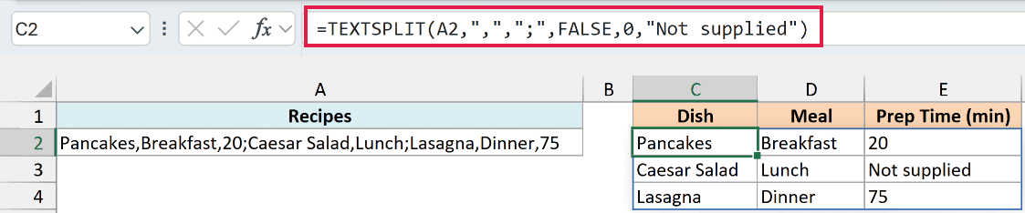 TEXTSPLIT with pad_with filling the missing prep time with Not supplied