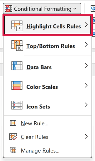 Highlight Cells Rules option in the Conditional Formatting menu