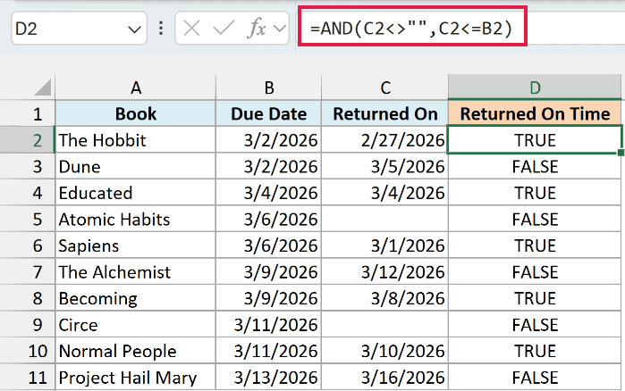 AND formula checking that a book was returned and returned on or before its due date