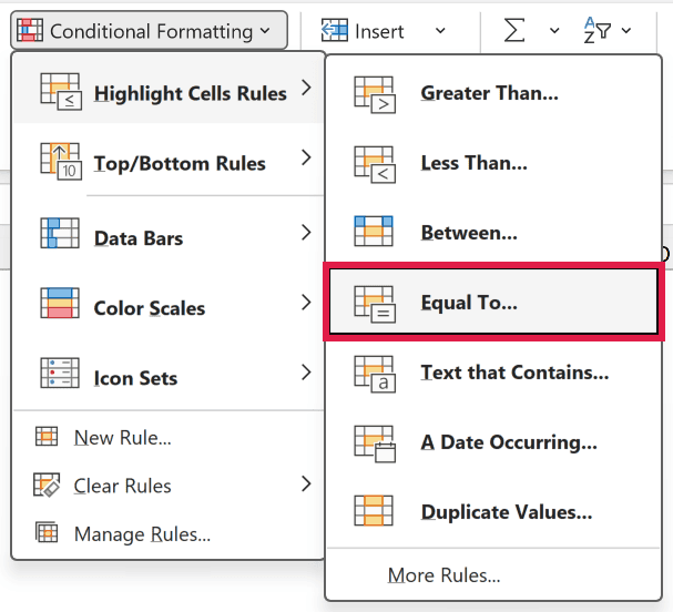 Equal To option in the Highlight Cells Rules submenu