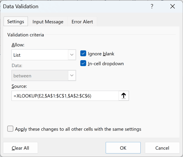 Data Validation dialog box opened on F2:F6 showing the existing XLOOKUP source
