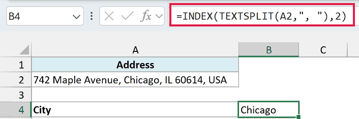 INDEX and TEXTSPLIT returning Chicago as the second item