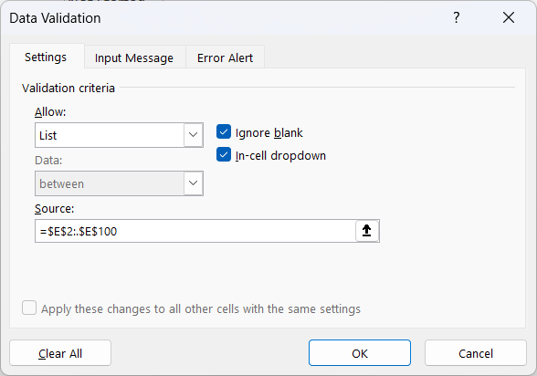 Data Validation dialog box with the trim reference =$E$2:.$E$100 as the list source