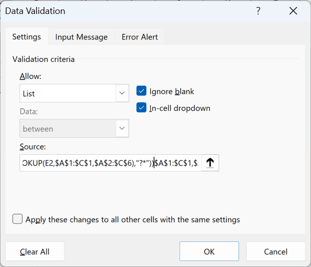 Data Validation dialog box with the TAKE and XLOOKUP formula entered as the list source
