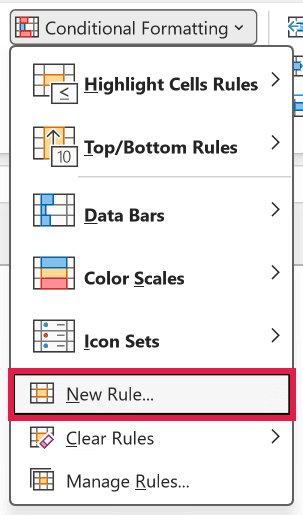 New Rule option in the Conditional Formatting menu on the Home tab