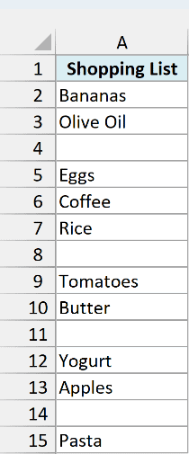 Shopping list in A2:A15 with four blank cells