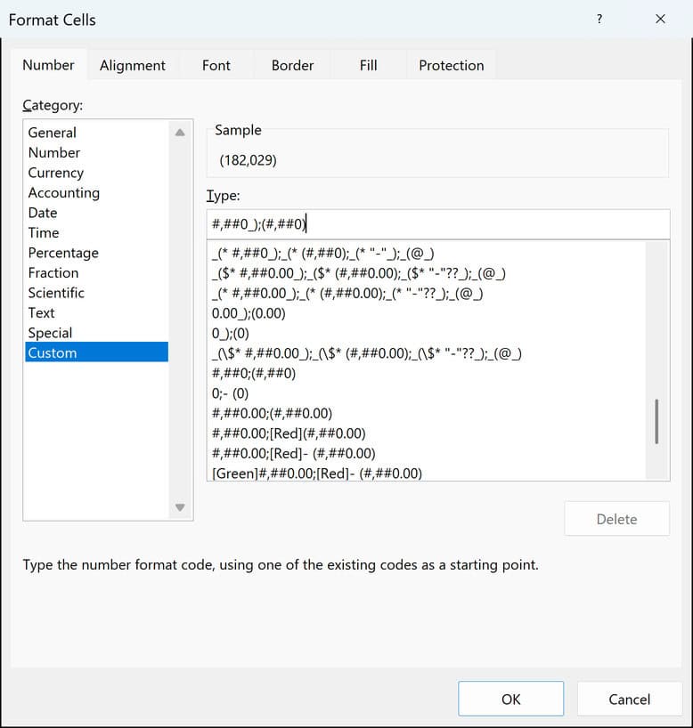 Custom category in Format Cells with the #,##0_);(#,##0) format code in the Type field