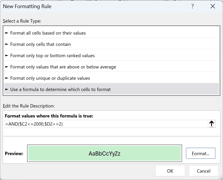 New Formatting Rule dialog box with the AND formula entered and a light green fill in the preview