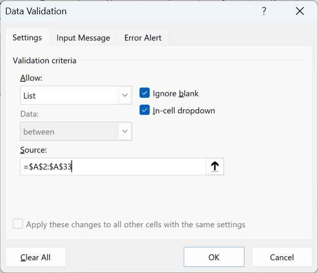 Data Validation dialog box with =$A$2:$A$33 entered as the list source