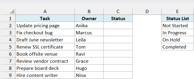 Task tracker with an empty Status column and the Status List in E2:E5