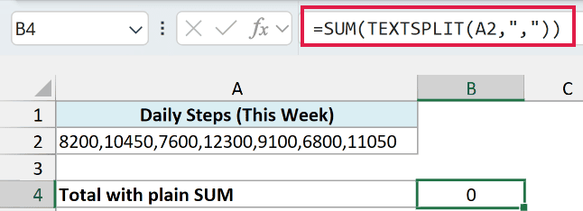Plain SUM of the TEXTSPLIT result returning 0