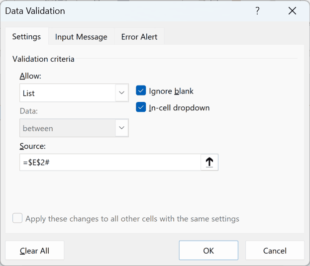 Data Validation dialog with Allow set to List and Source set to =$E$2#