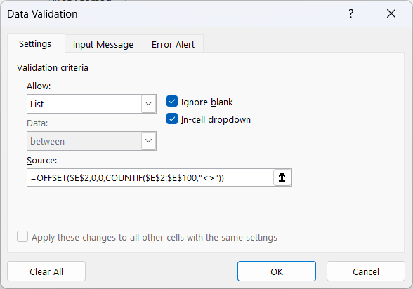 Data Validation dialog box with the OFFSET and COUNTIF formula as the list source