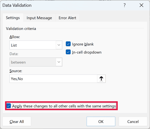 Data Validation dialog box with the Apply these changes to all other cells with the same settings option