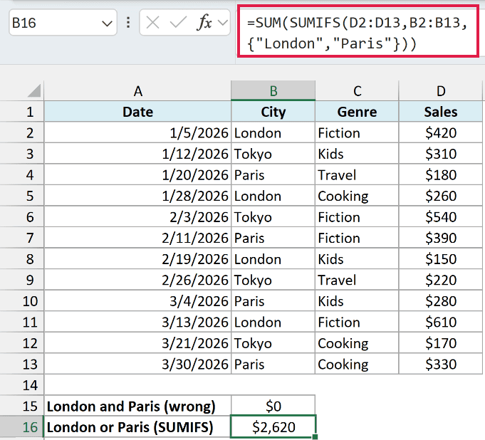 SUM and SUMIFS with an array of cities returning $2,620