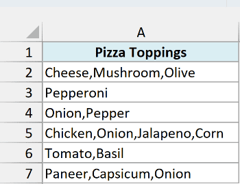 Pizza toppings for six orders in A2:A7