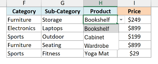 Product drop-down for Storage showing Bookshelf, Cabinet and Wardrobe