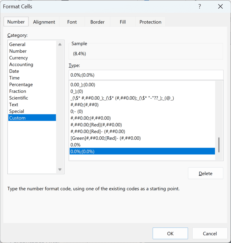 Custom category in Format Cells with the 0.0%;(0.0%) format code in the Type field