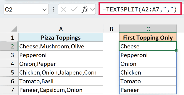 TEXTSPLIT on A2:A7 returning only the first topping of each order