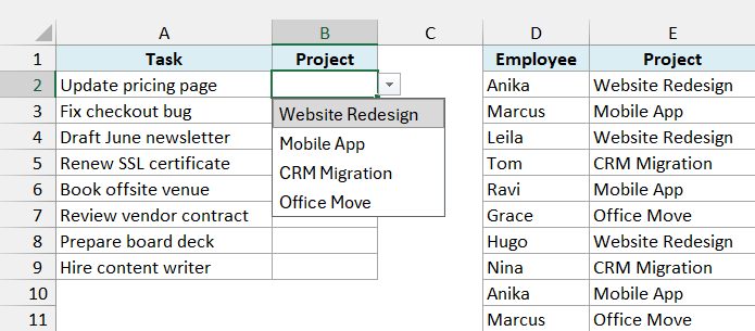 Drop-down pointed directly at E2:E11 showing each project once in the original order