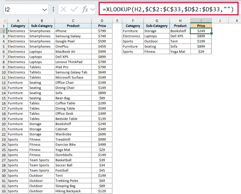 XLOOKUP formula in I2 returning $249 for the Bookshelf