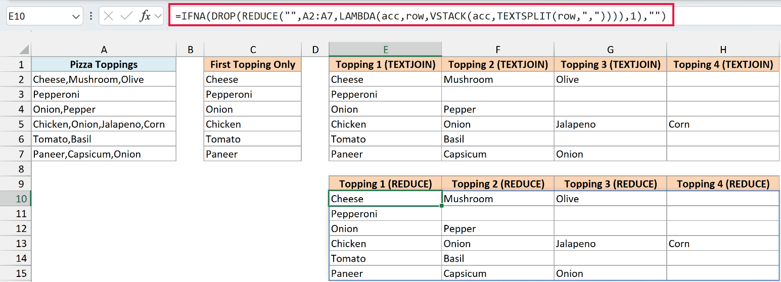 REDUCE and VSTACK splitting each order one cell at a time