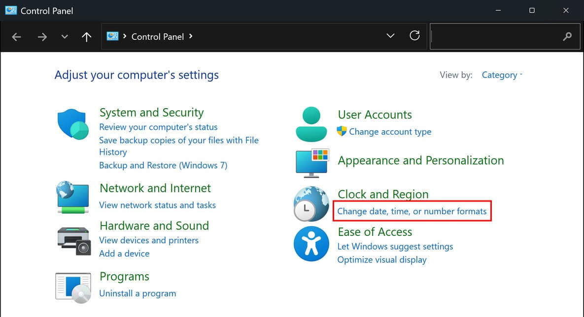 Change date, time, or number formats option under Region in Control Panel